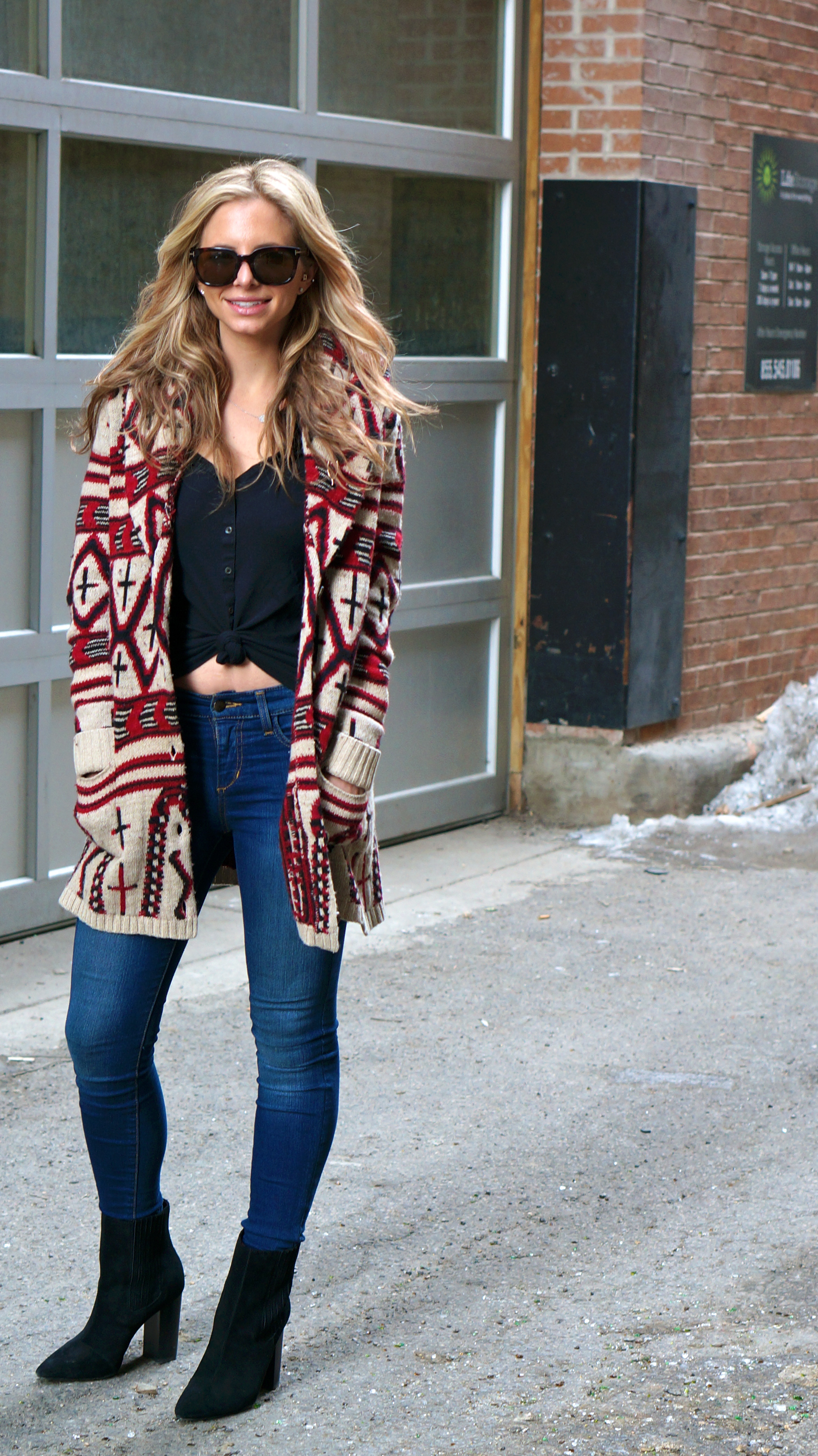 Perfectly Printed Cardigan and Suede Booties