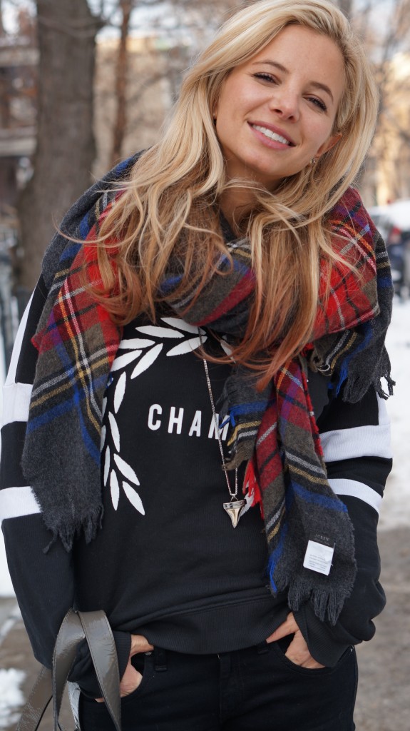 Zoe Karssen Champ Sweatshirt, jcrew plaid scarf, ariel peche 1