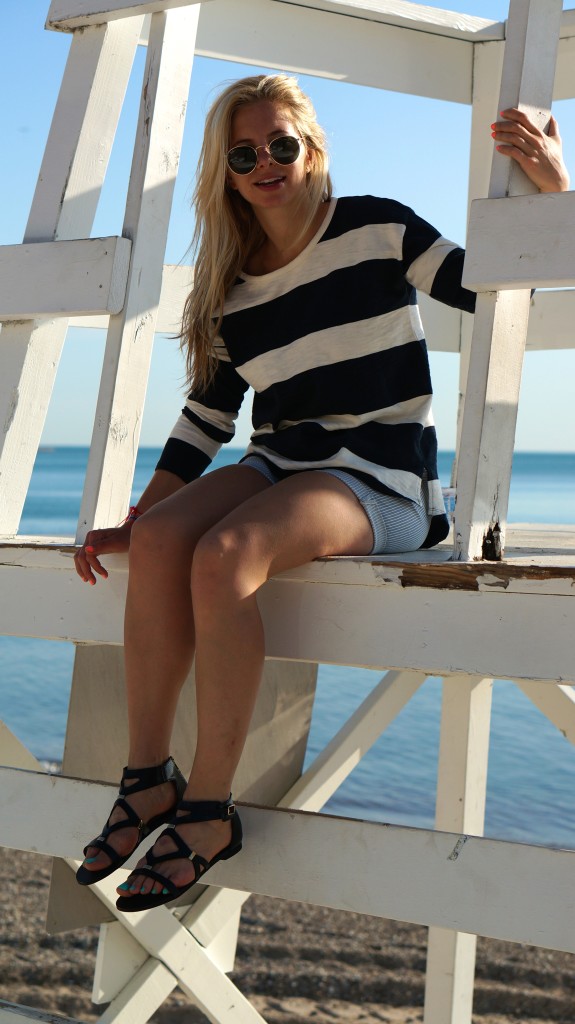 striped madewell sweater, dl1961 shorts on the beach