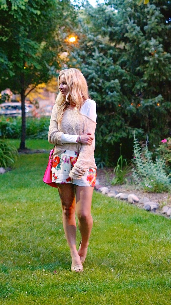 floral joie shorts and off the shoulder sweater