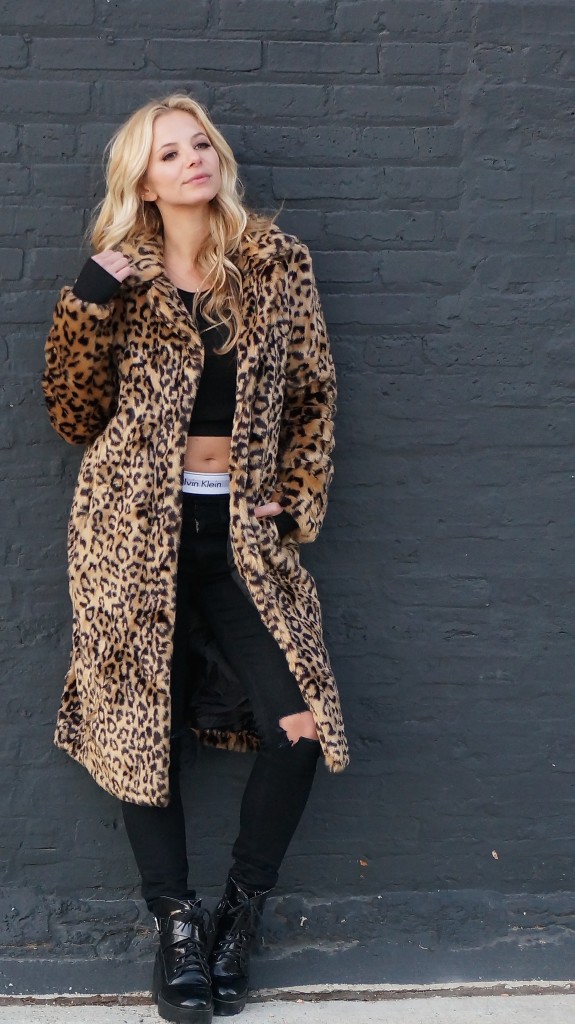 leopard fur coat, blonde beach waves